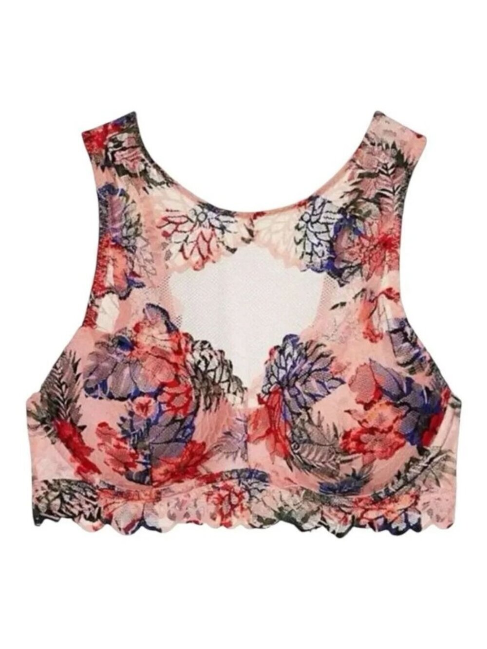Victoria's Secret PINK Lace Push Up Bralette Red Blue Floral Small DD High Neck